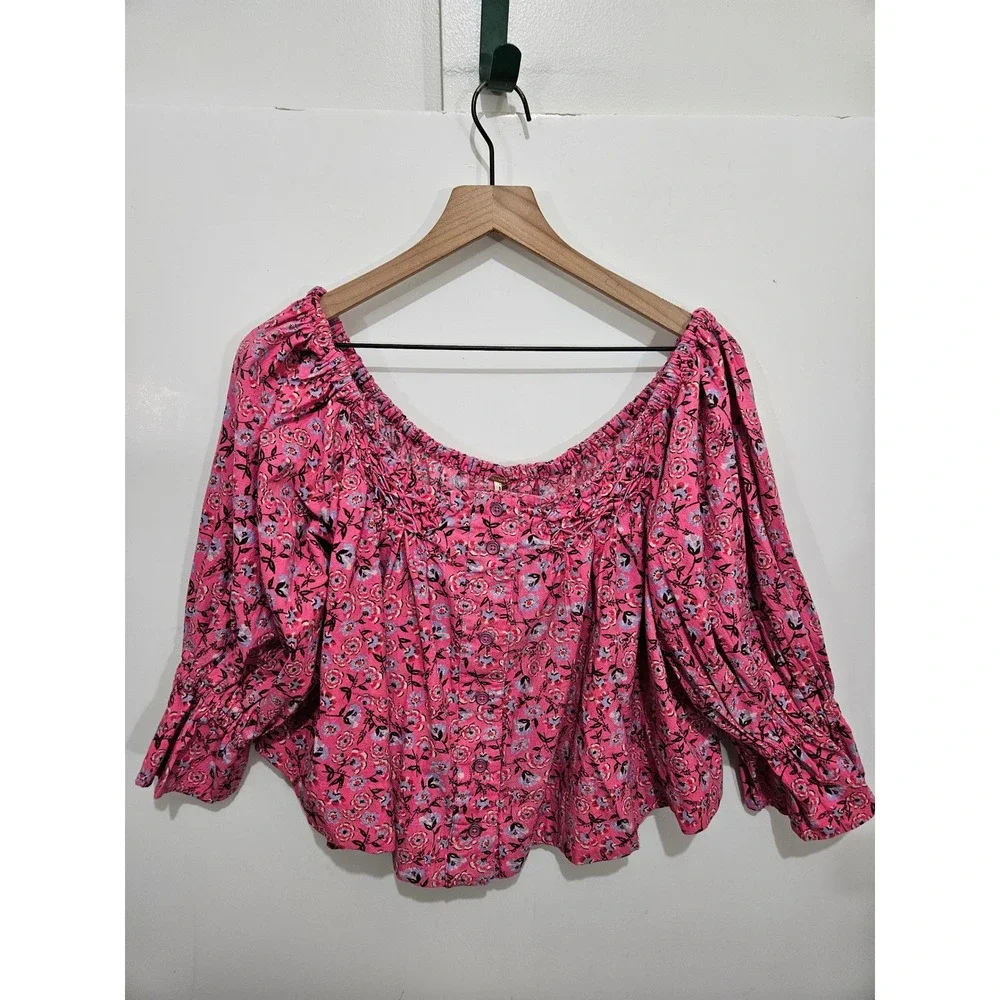 Free People M Pink Floral Peasant Blouse 100% Cotton Puff Sleeve Boho Cottagecor